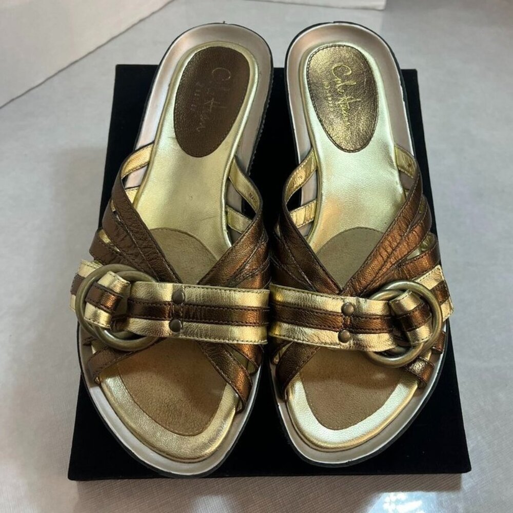 Cole Haan G Series Metallic Bronze Gold Leather Wedge Slide Sandals Women’s 5.5B